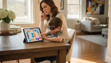 Child wearing red-blue glasses looking frustrated at a lazy eye game on a tablet while parent watches with concern.