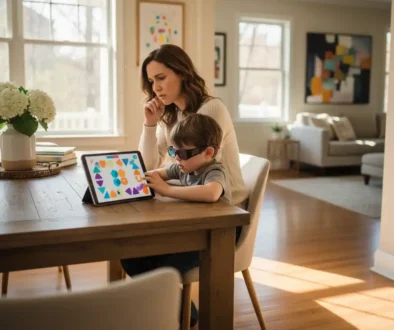 Child wearing red-blue glasses looking frustrated at a lazy eye game on a tablet while parent watches with concern.
