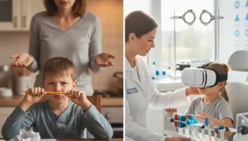 Child attempting home vision exercises contrasted with supervised in-office vision therapy session.