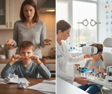 Child attempting home vision exercises contrasted with supervised in-office vision therapy session.