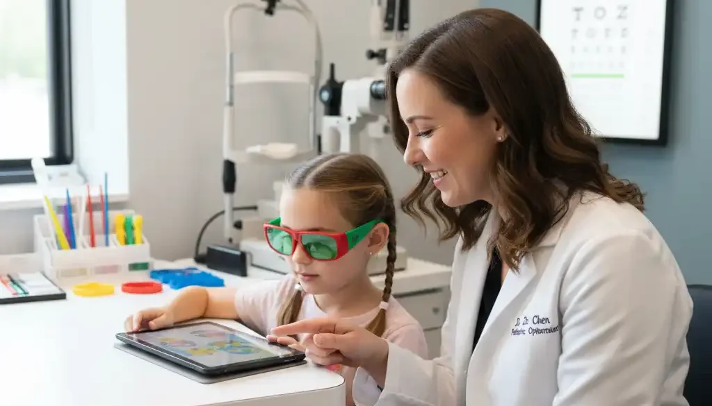 Child using a supervised dichoptic vision therapy game with an optometrist in a pediatric clinic in Marietta GA for amblyopia treatment.
