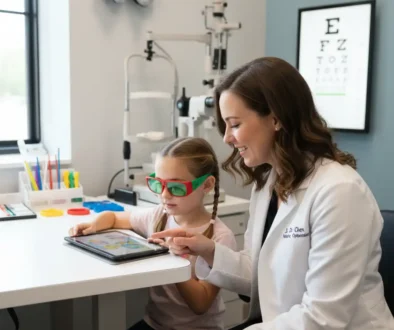 Child using a supervised dichoptic vision therapy game with an optometrist in a pediatric clinic in Marietta GA for amblyopia treatment.