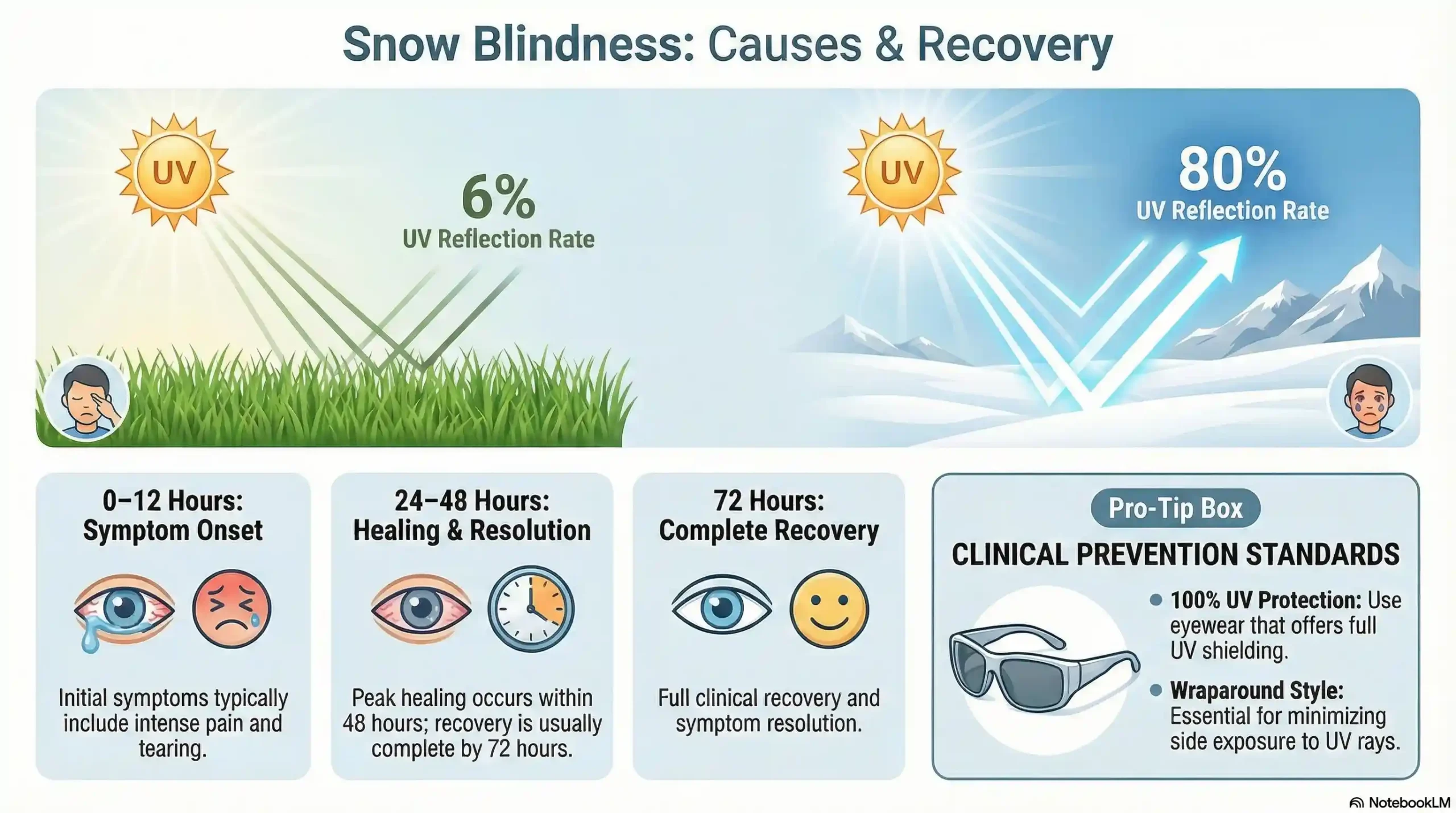 Infographic showing UV reflection percentages from snow and a 72-hour recovery timeline for Snow Vision Syndrome.