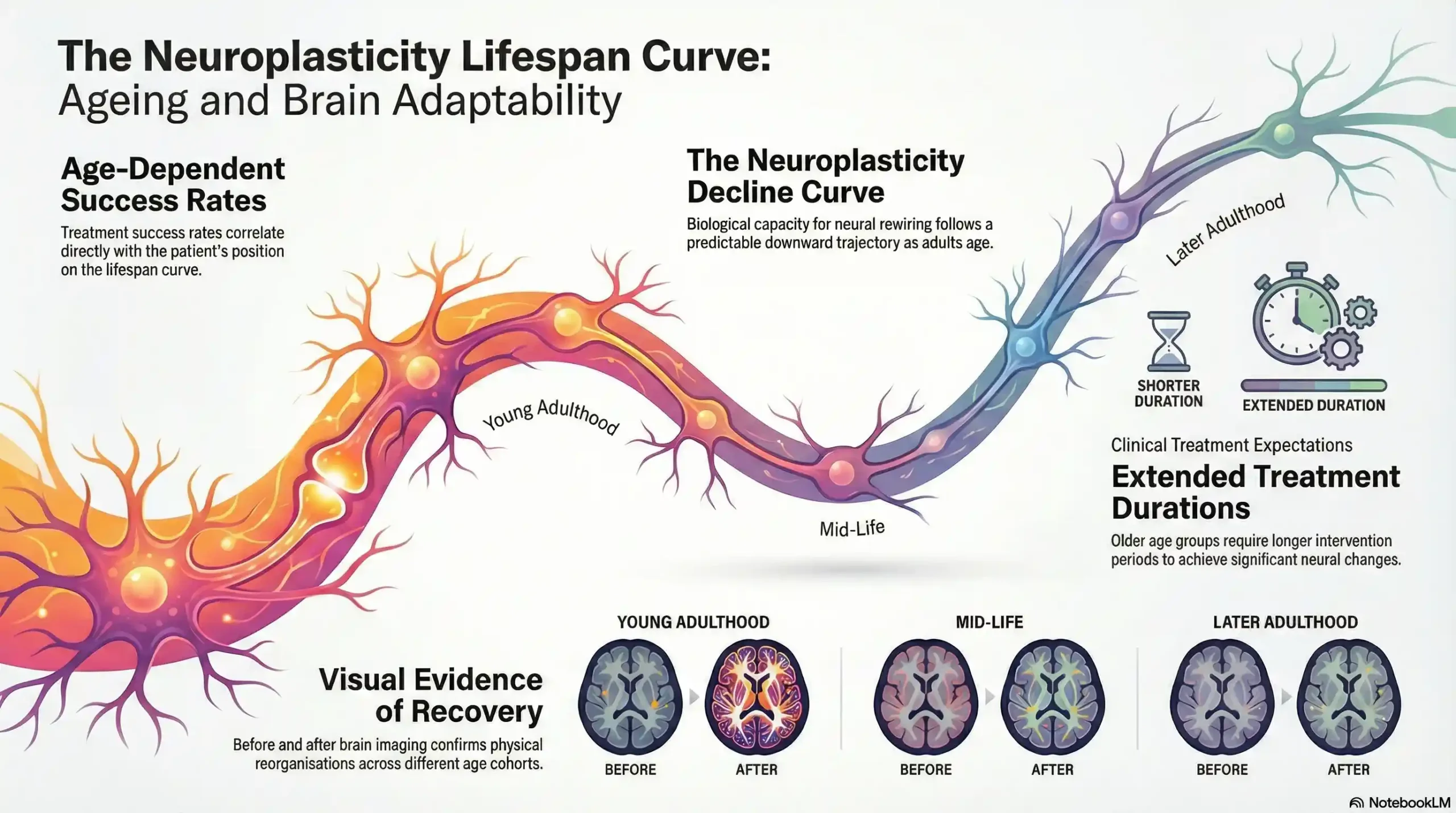 A chart displaying the neuroplasticity decline curve across age groups, including success rates, treatment duration expectations, and before-and-after brain imaging comparisons