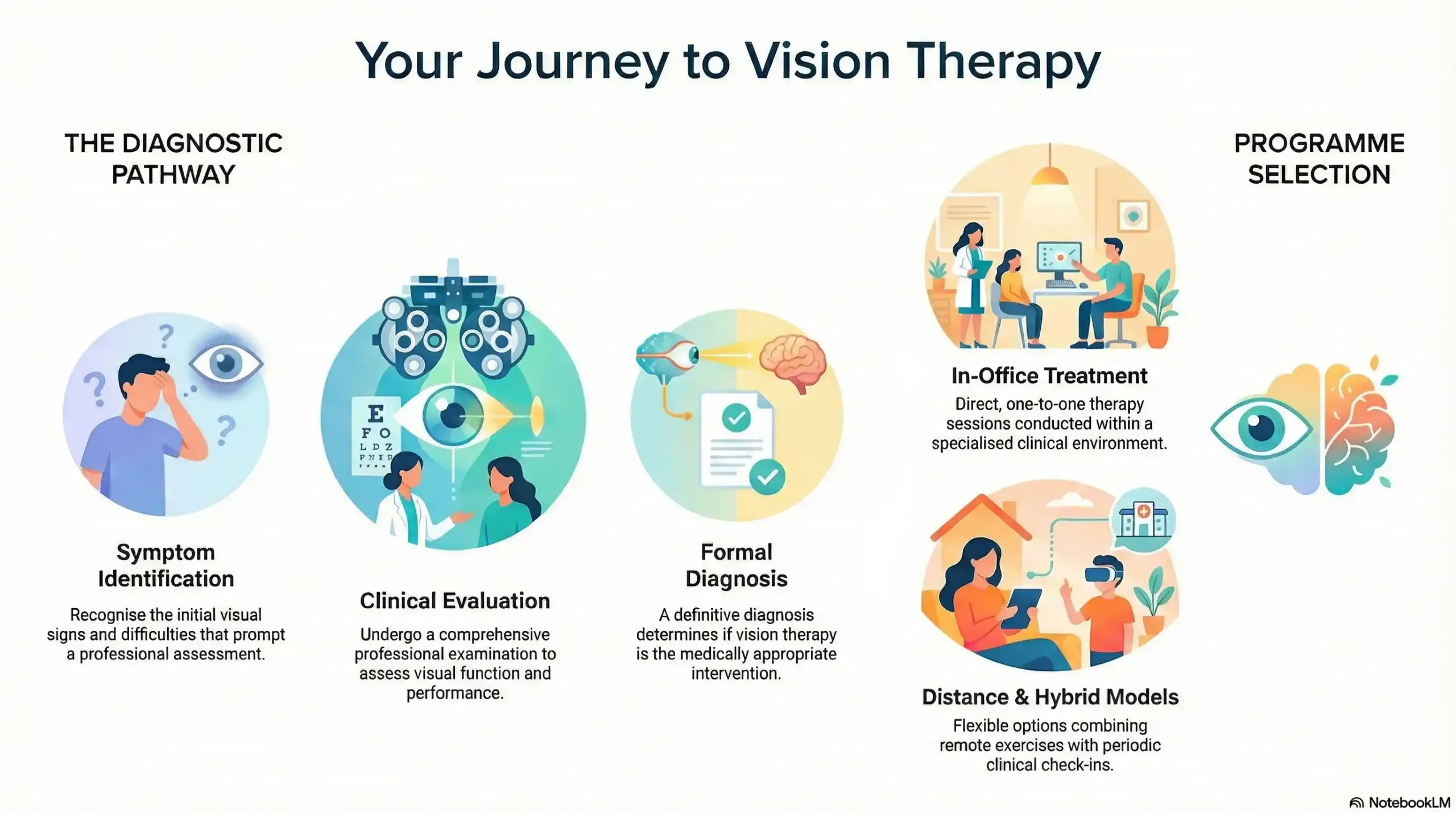 Flowchart showing the path from symptoms to evaluation, diagnosis, and selecting a program type (in-office, distance, or hybrid).