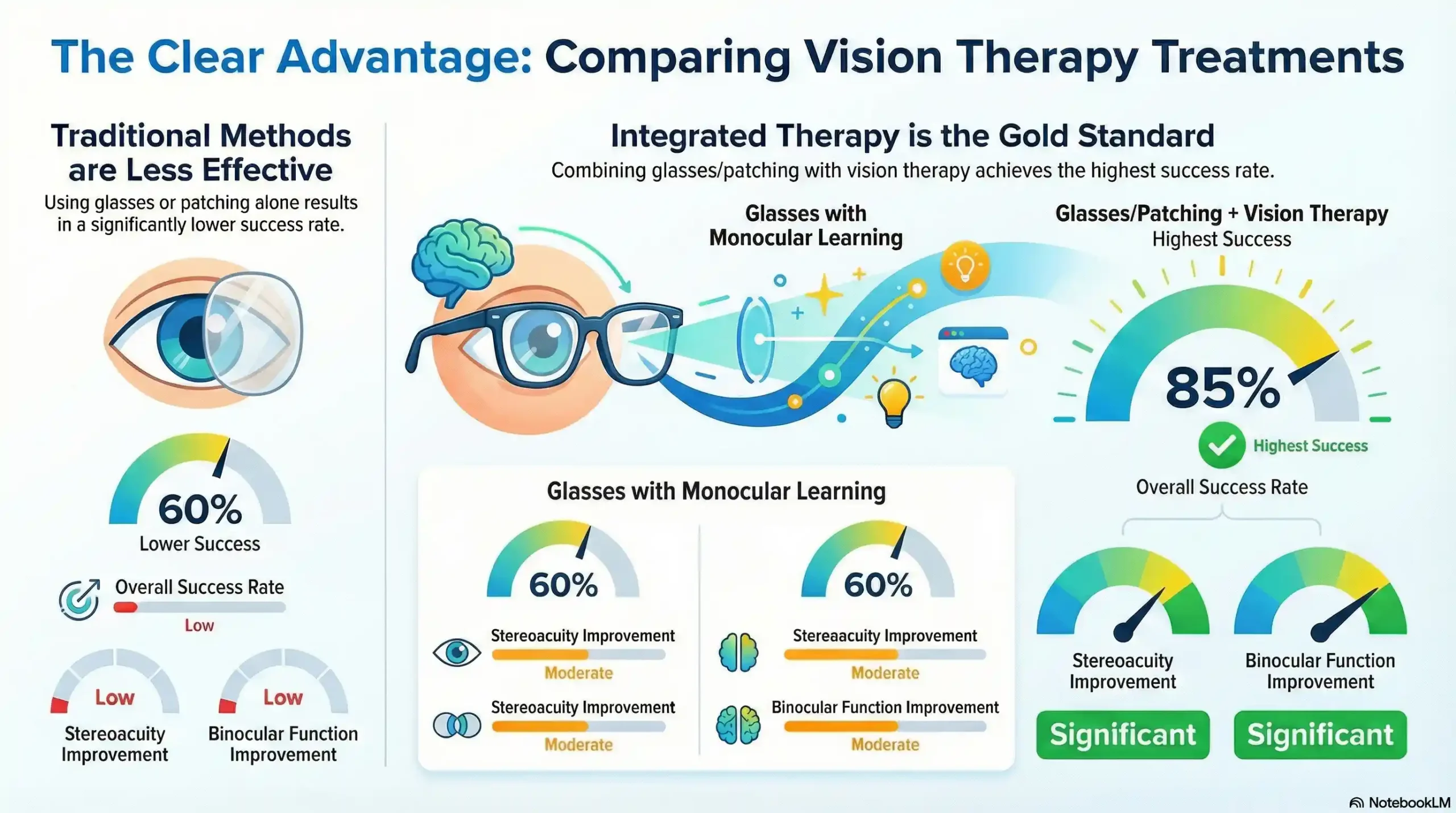 Chart comparing success rates of lazy eye treatments showing vision therapy with an 85 percent success rate.
