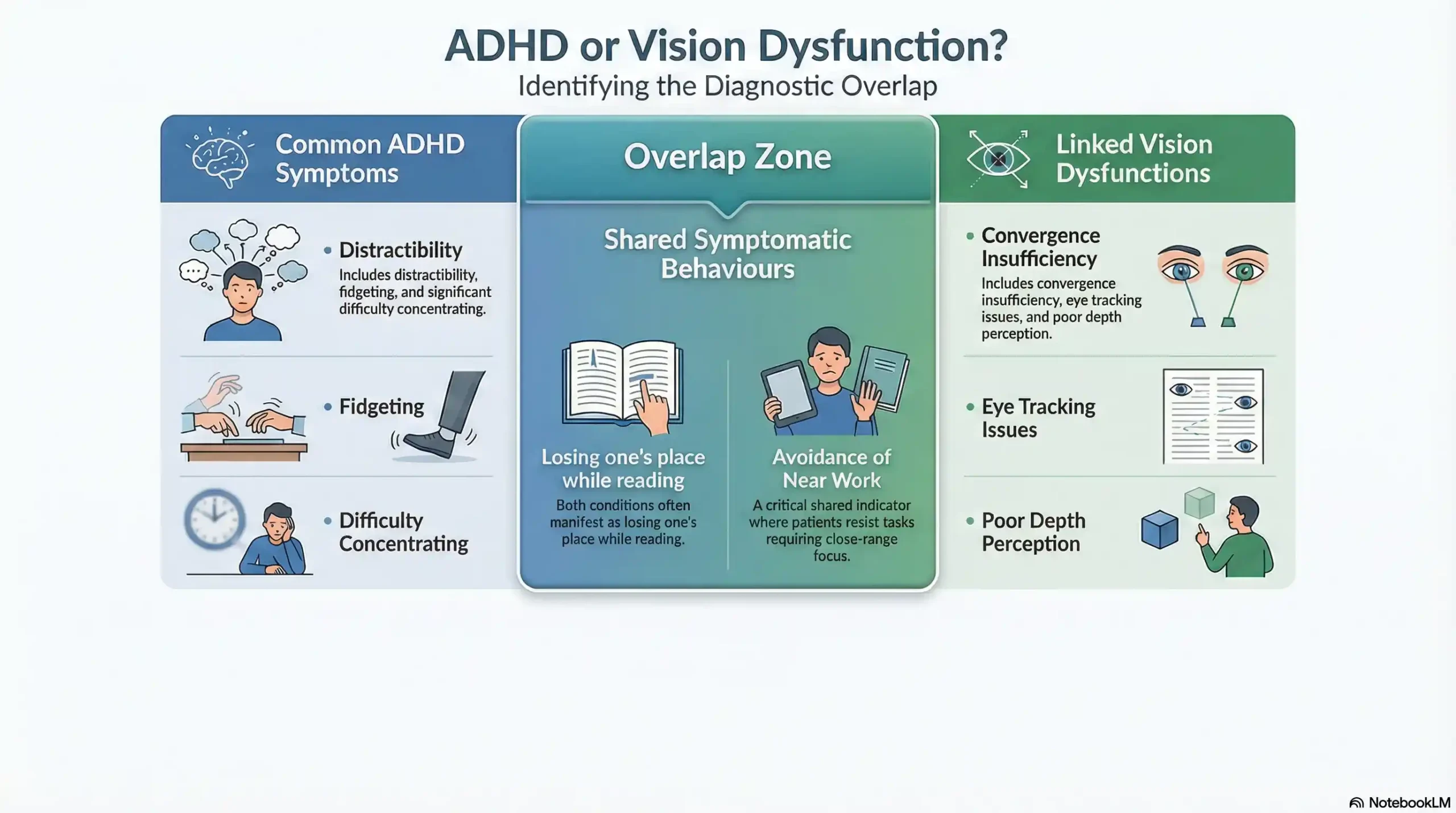 Infographic comparing ADHD behavioral symptoms with functional vision disorder symptoms like eye tracking and convergence insufficiency.