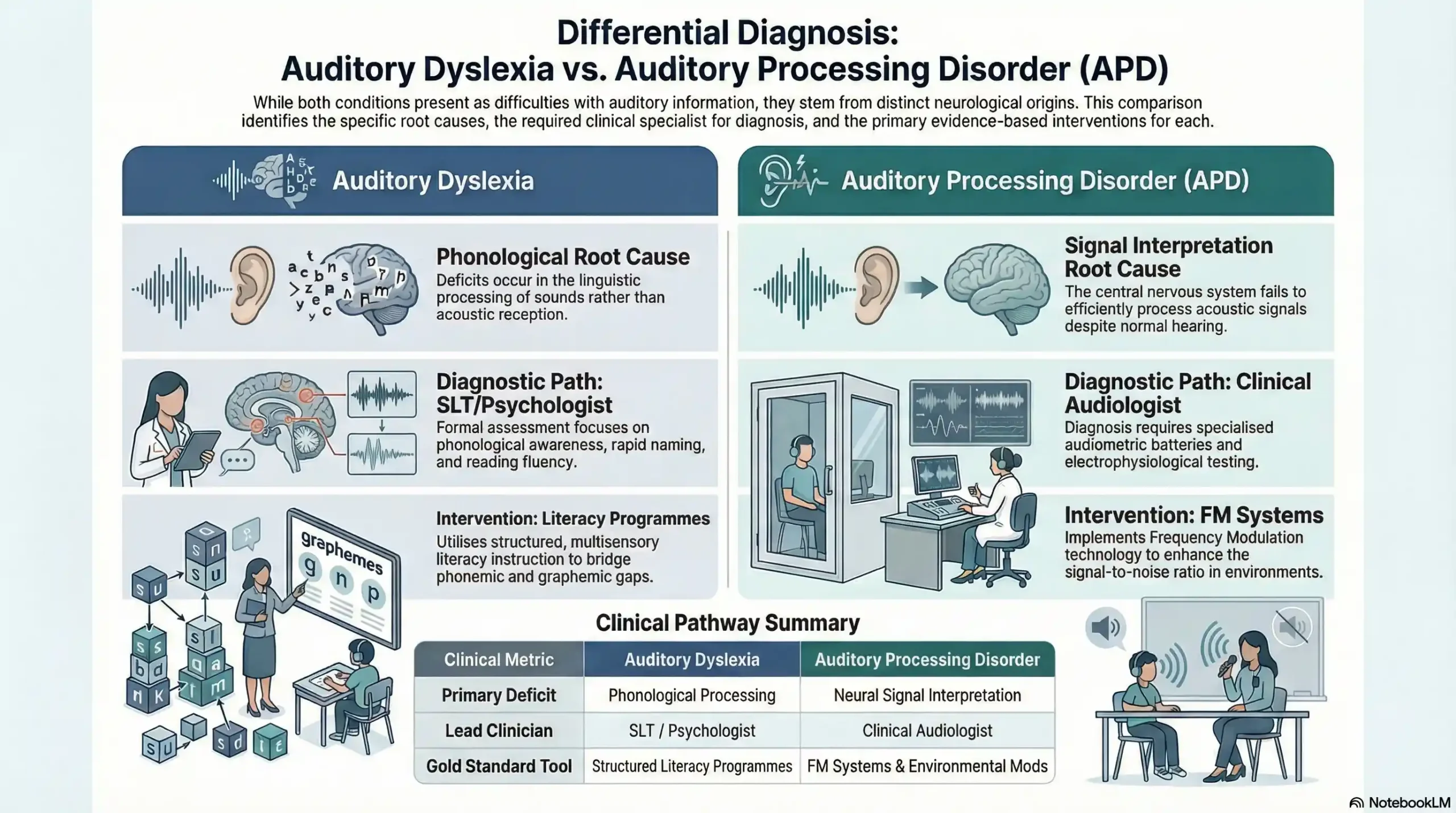 Comparison chart of Auditory Dyslexia vs APD diagnostic pathways and specialist roles.