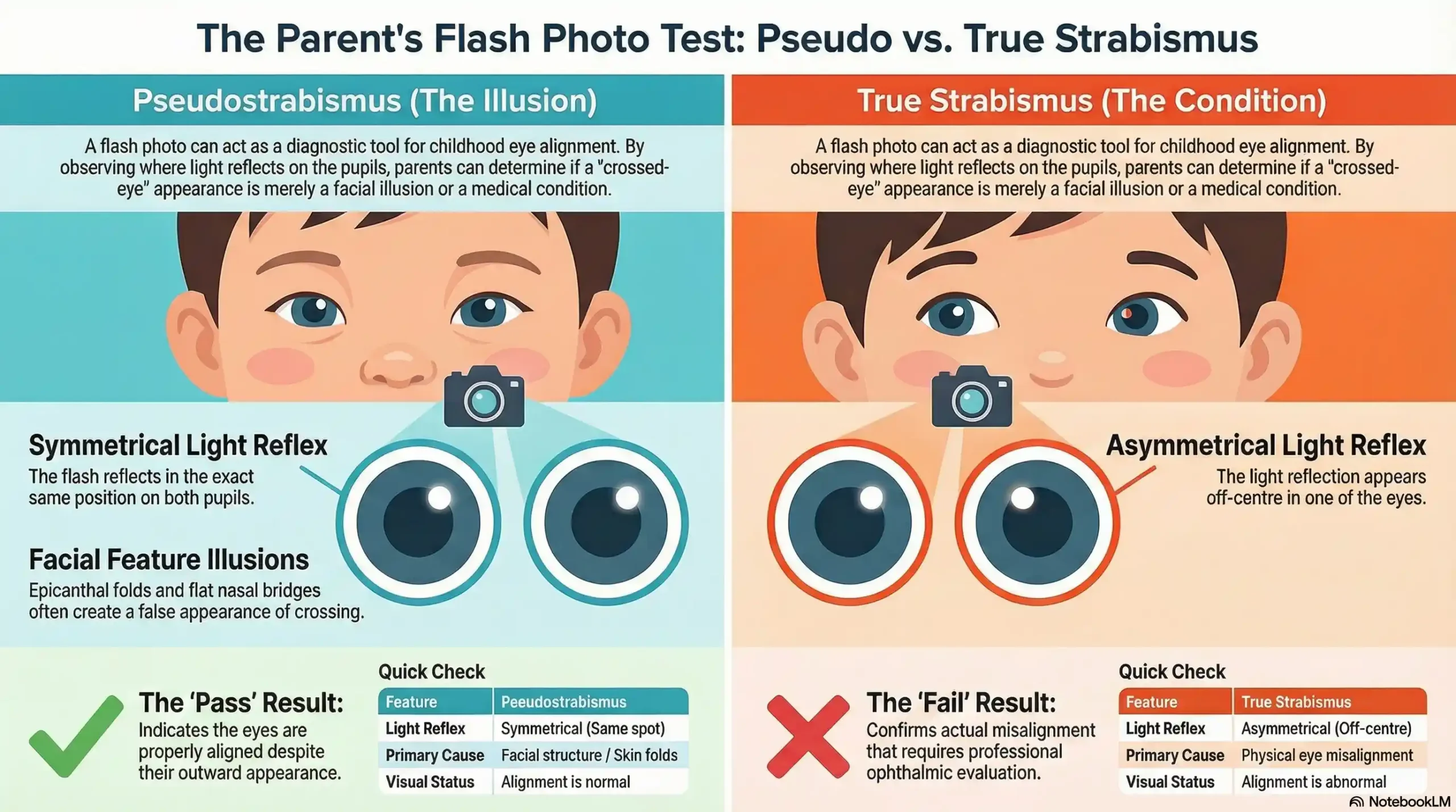 Infographic comparing corneal light reflex test results for Pseudostrabismus vs. True Strabismus.