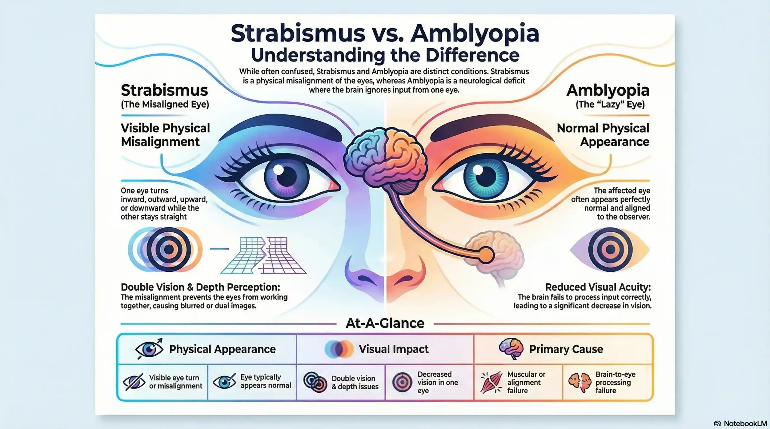 Comparison chart of Strabismus vs Amblyopia showing differences in physical eye alignment, visual acuity, and common symptoms.