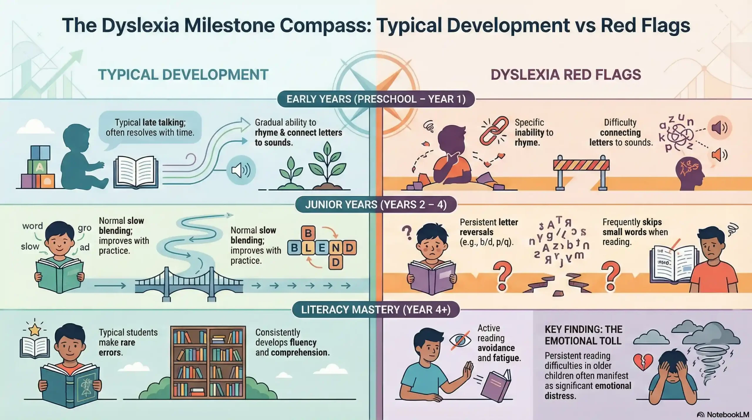 Infographic comparing normal letter reversal development ages 4-7 versus dyslexia red flags for ages 8 and up.