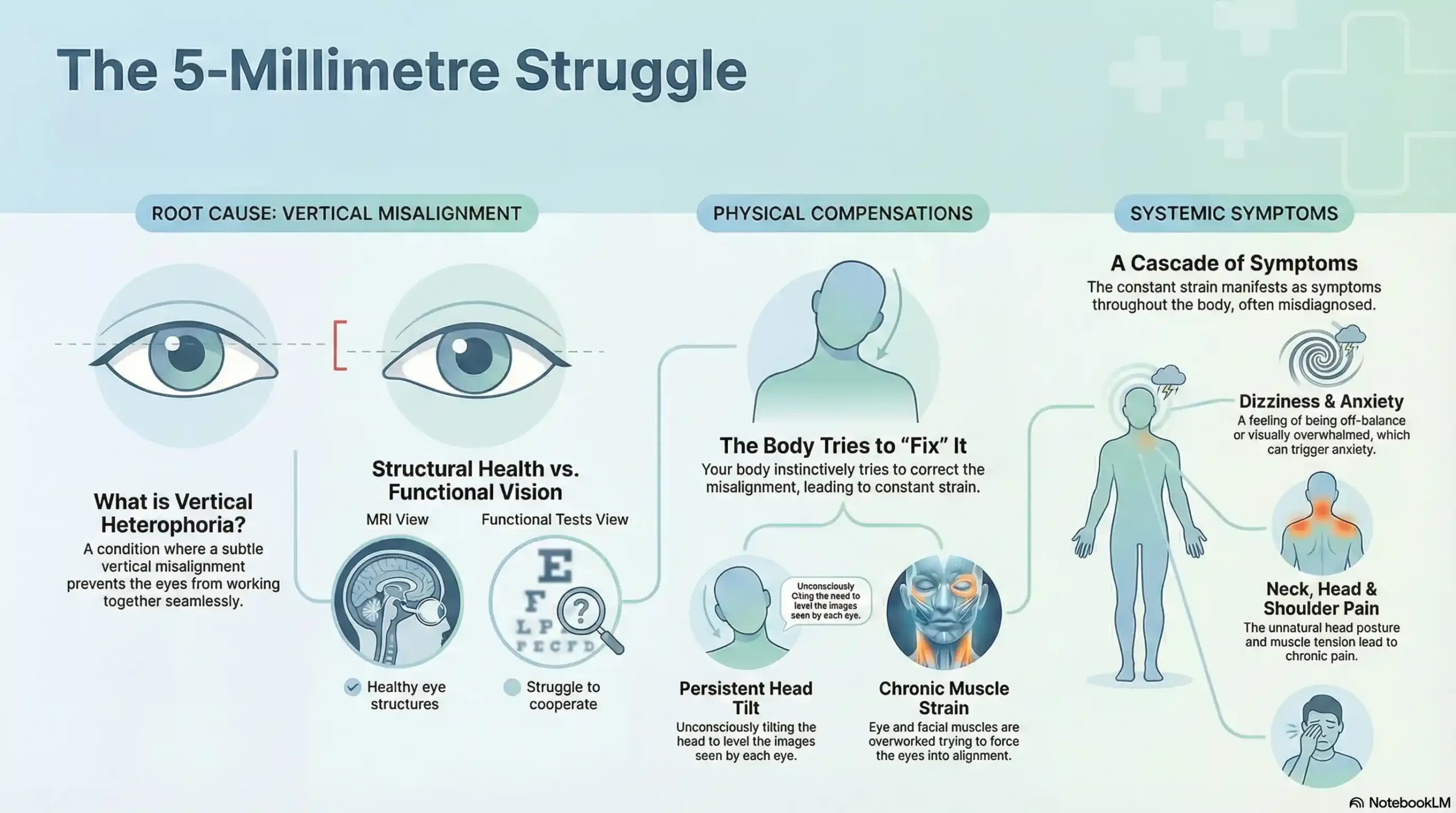 Diagram showing how a 5mm vertical eye misalignment leads to muscle fatigue, head tilting, and vestibular dizziness.