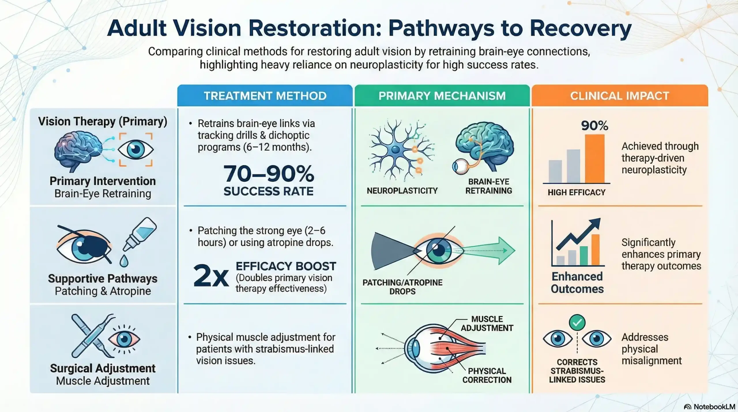 Infographic comparing vision therapy, patching, and surgery success rates for adults with lazy eye, highlighting a 70–90% improvement rate.