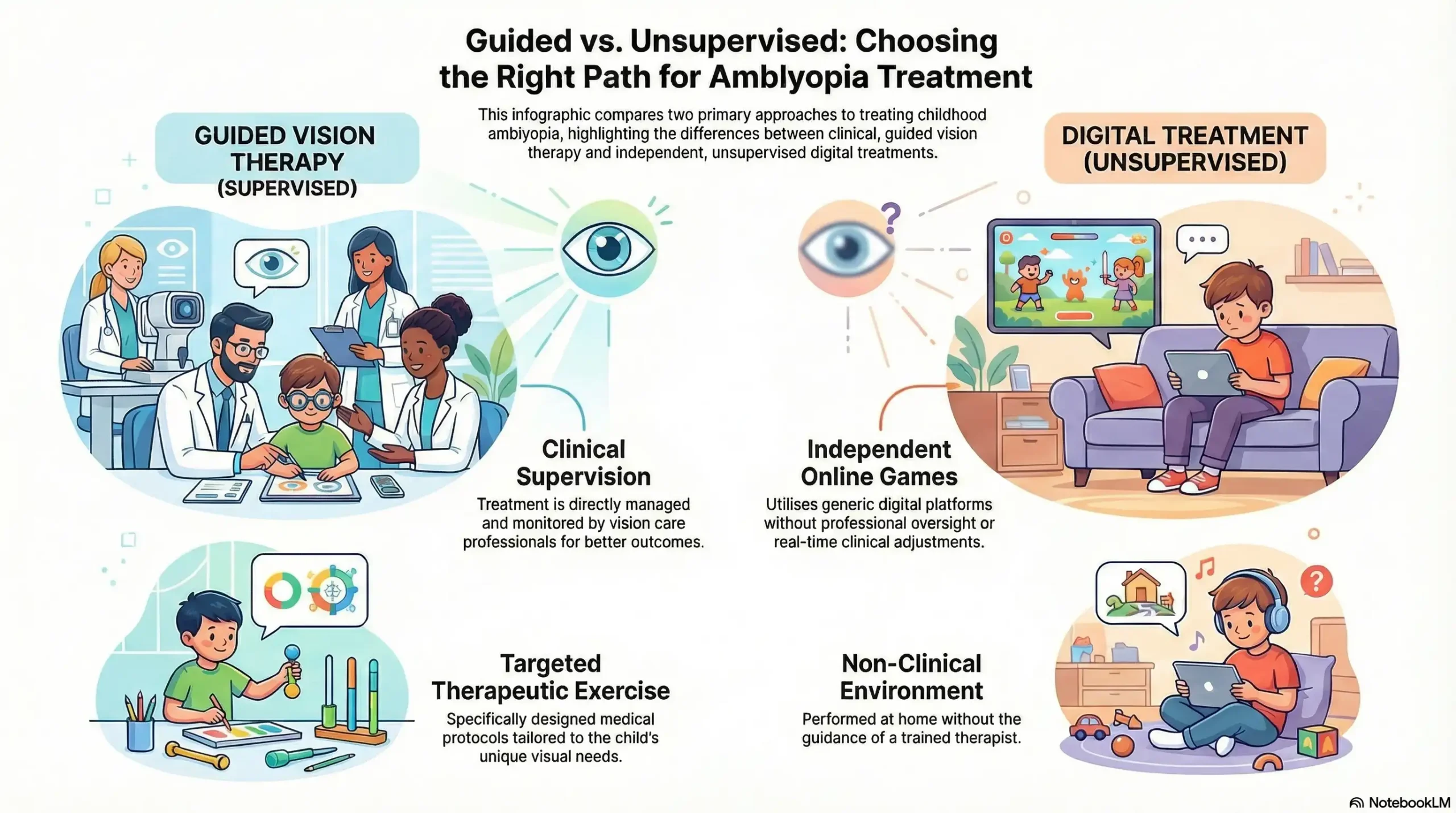 Side-by-side comparison chart of supervised vision therapy versus unsupervised digital treatments for amblyopia in Marietta, GA.