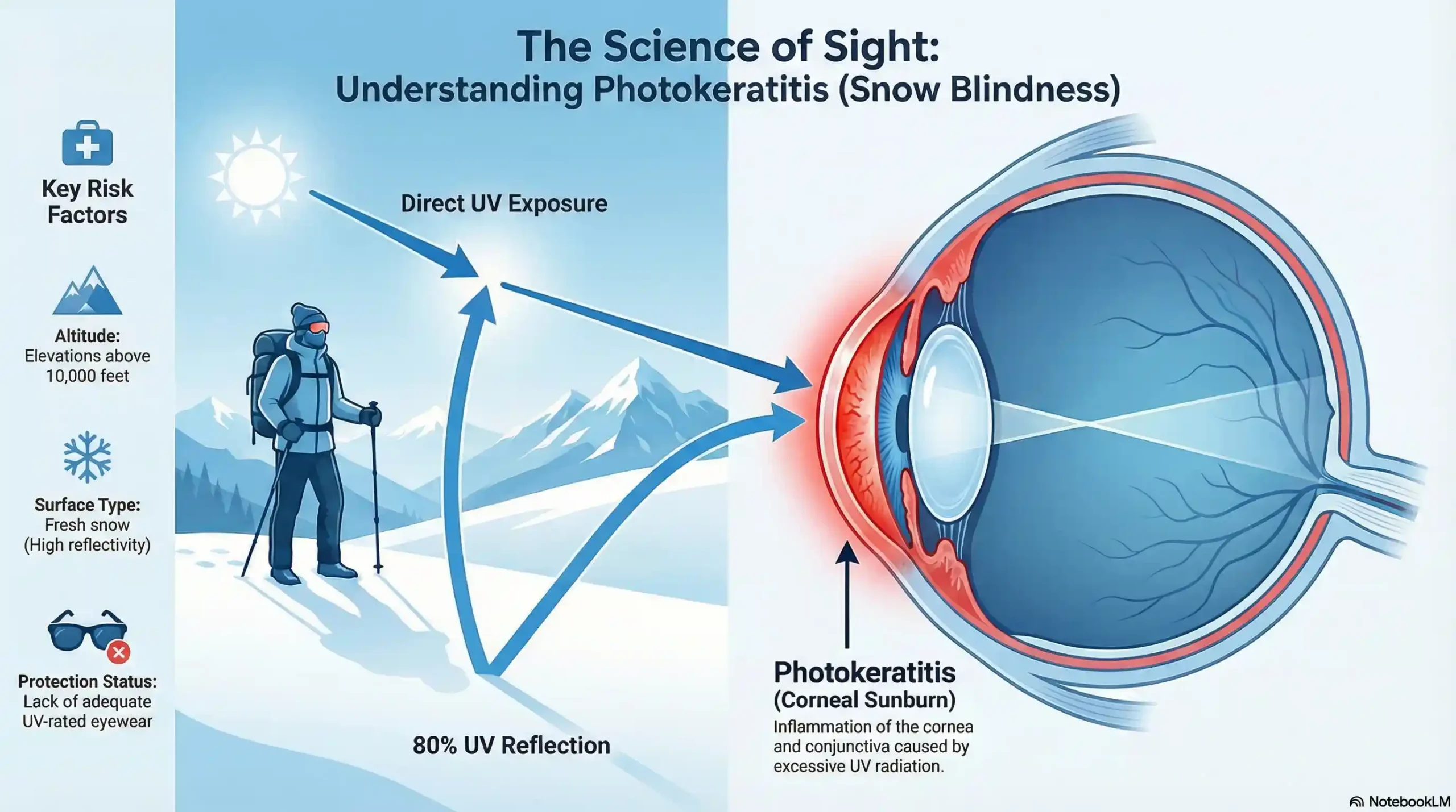 Diagram showing UV radiation reflection off snow surfaces into the human cornea causing snow blindness.