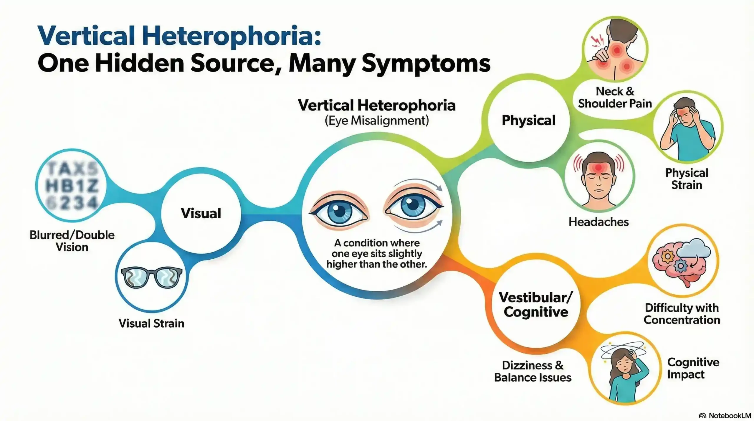 Vertical Heterophoria Symptom Map showing the connection between eye misalignment, dizziness, and neck pain.