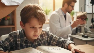 Child struggling to read homework while experiencing blurred or doubled words, illustrating how vision problems can be mistaken for attention disorders in children.