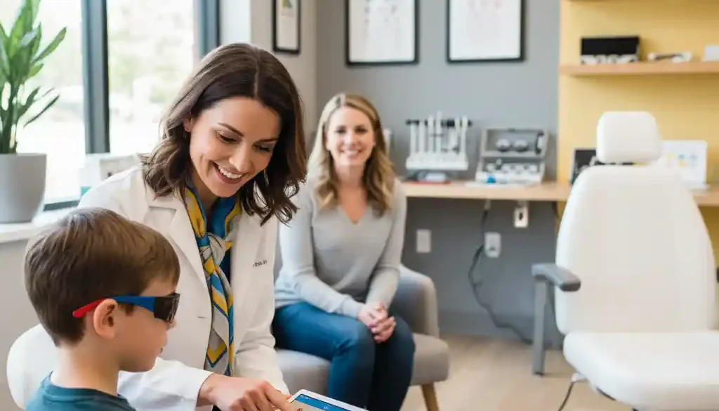 Child using a vision therapy game with special glasses under an optometrist’s supervision during amblyopia treatment.