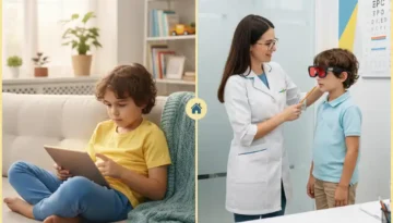 Child using a vision therapy game at home compared with supervised in-office vision therapy with a specialist.