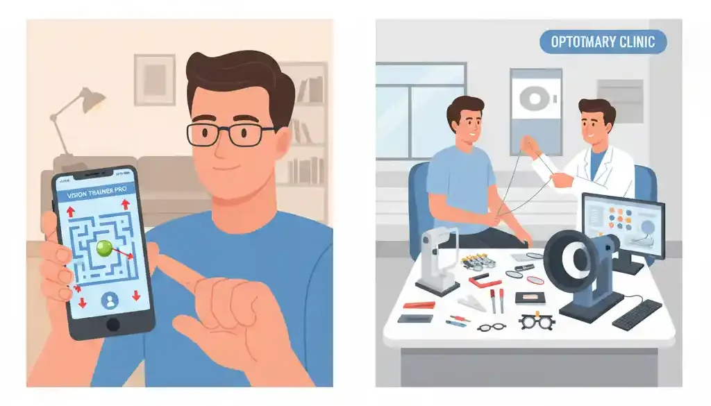 Adult comparing smartphone eye exercise games with professional clinical vision therapy in an optometry clinic.