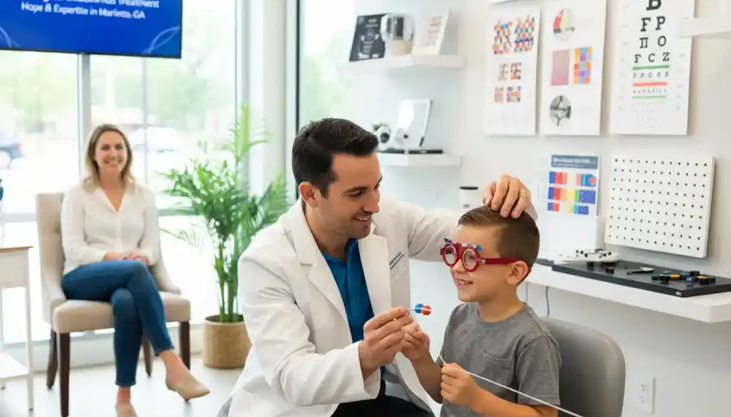 Vision therapy session for strabismus treatment at a modern optometry clinic in Marietta, GA.