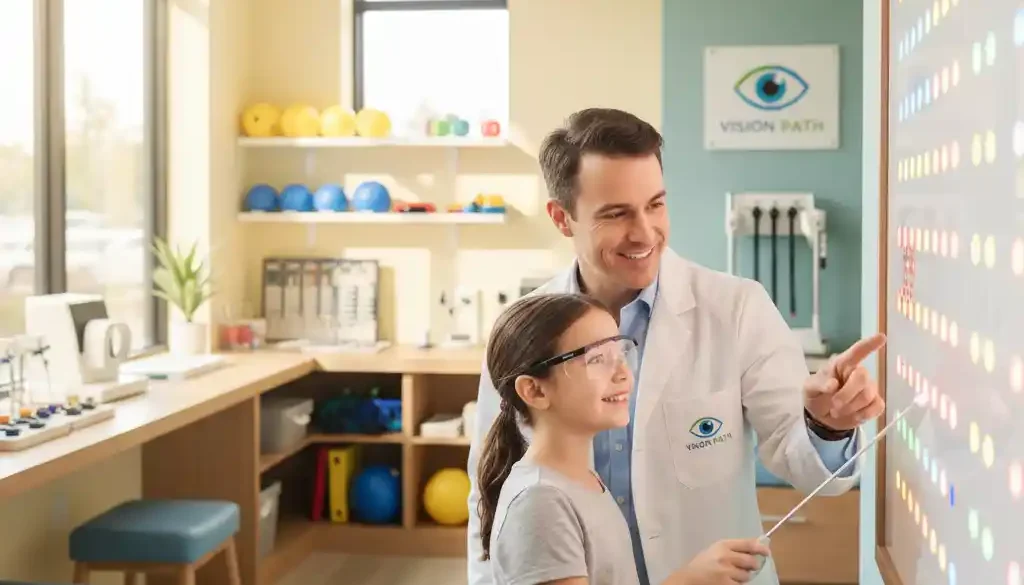 Child undergoing vision therapy treatment for Amblyopia with an optometrist in a modern clinic.