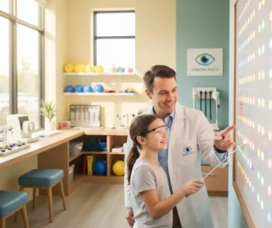 Child undergoing vision therapy treatment for Amblyopia with an optometrist in a modern clinic.
