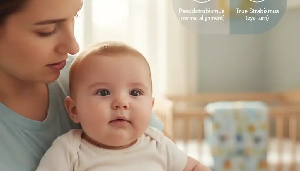 Baby with pseudostrabismus appearing cross-eyed due to facial features, compared with true strabismus eye alignment.