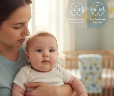 Baby with pseudostrabismus appearing cross-eyed due to facial features, compared with true strabismus eye alignment.