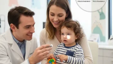Pediatric eye doctor performing corneal light reflex test on toddler to distinguish pseudostrabismus from true strabismus.