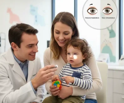 Pediatric eye doctor performing corneal light reflex test on toddler to distinguish pseudostrabismus from true strabismus.