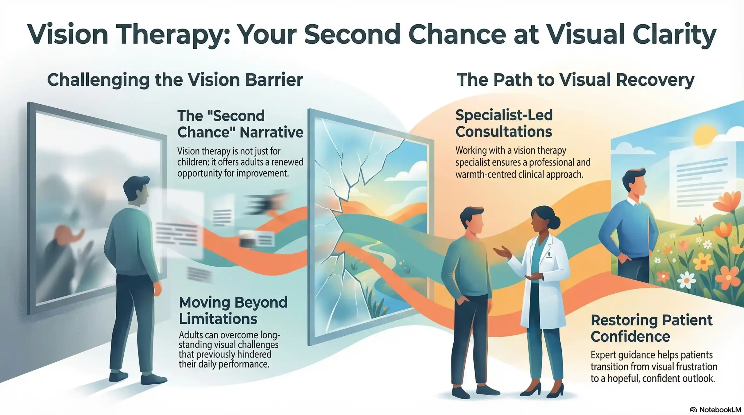 A hopeful adult patient consulting with a vision therapy specialist.