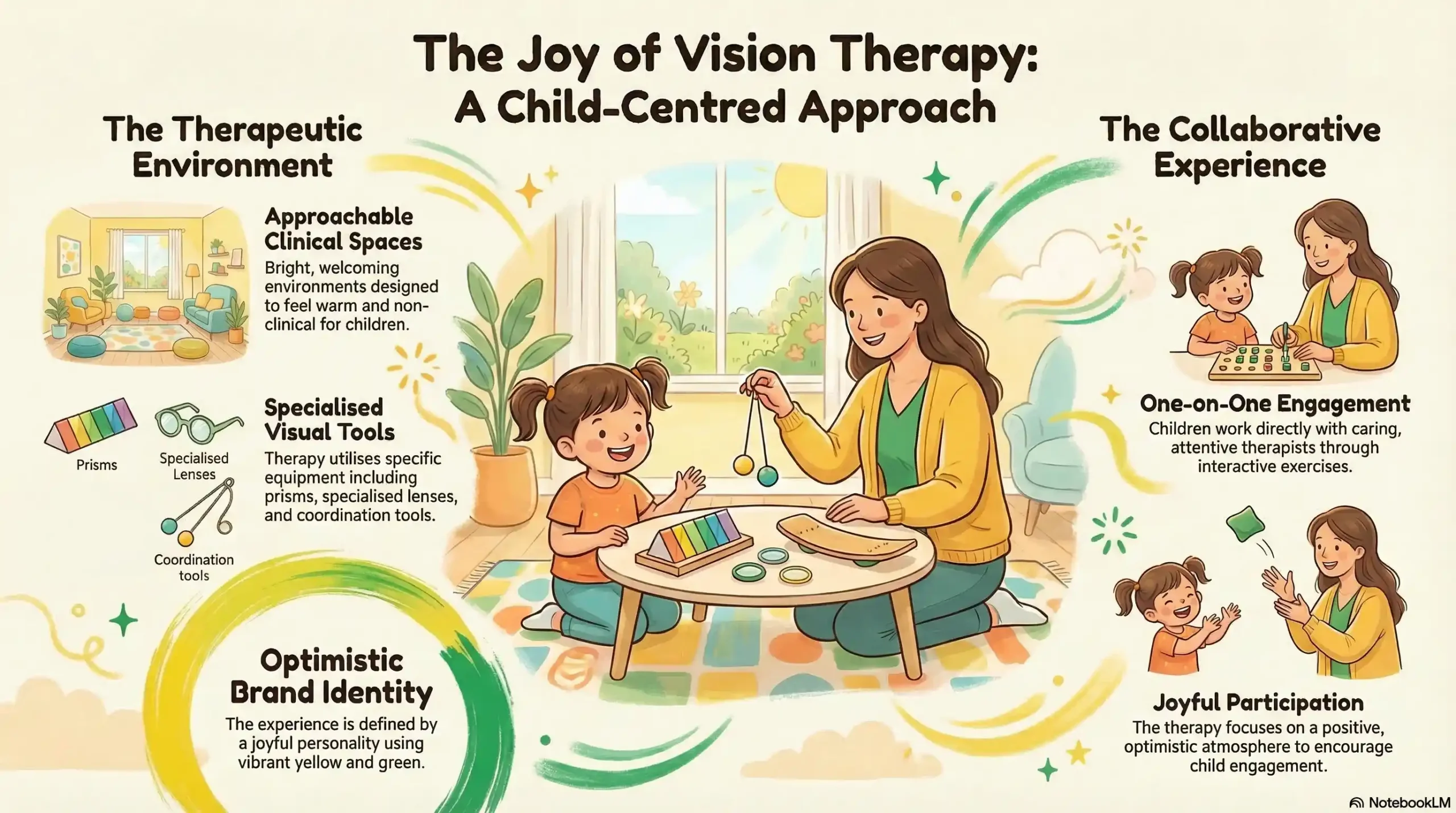 Illustration of a child and therapist using vision tools like prisms in a bright, welcoming room
