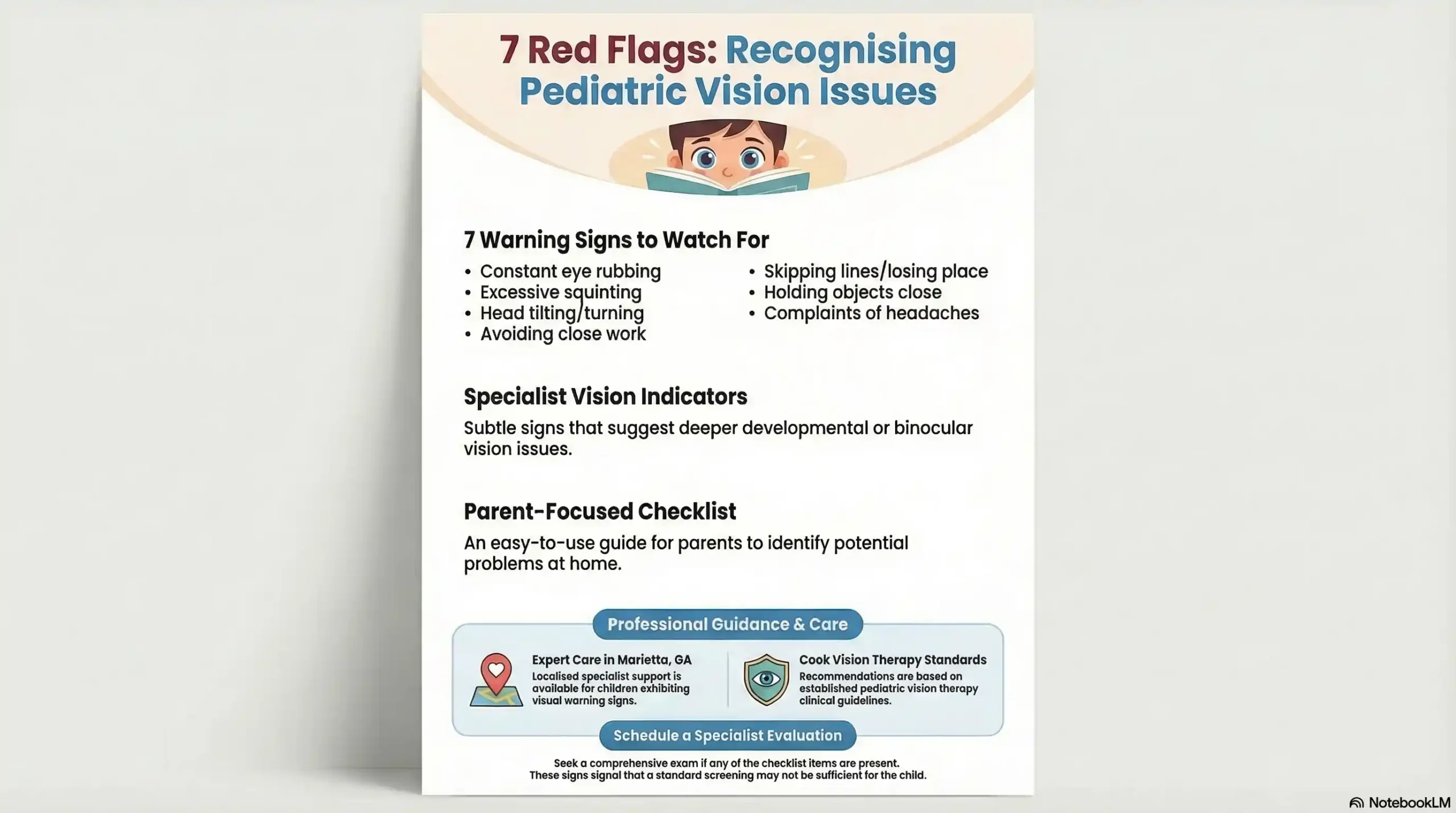 A Cook Vision Therapy branded checklist graphic displaying 7 pediatric vision warning signs for parents.