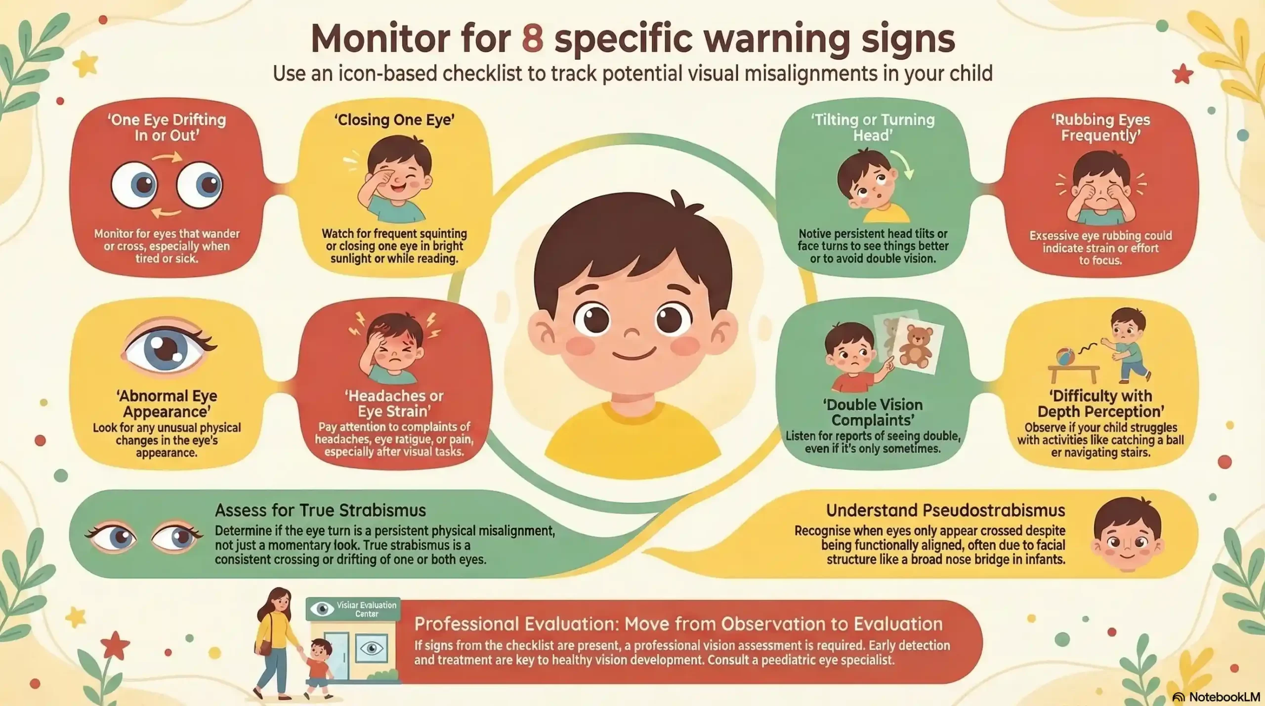 Illustrated checklist featuring 8 icons that show warning signs of true strabismus versus pseudostrabismus.