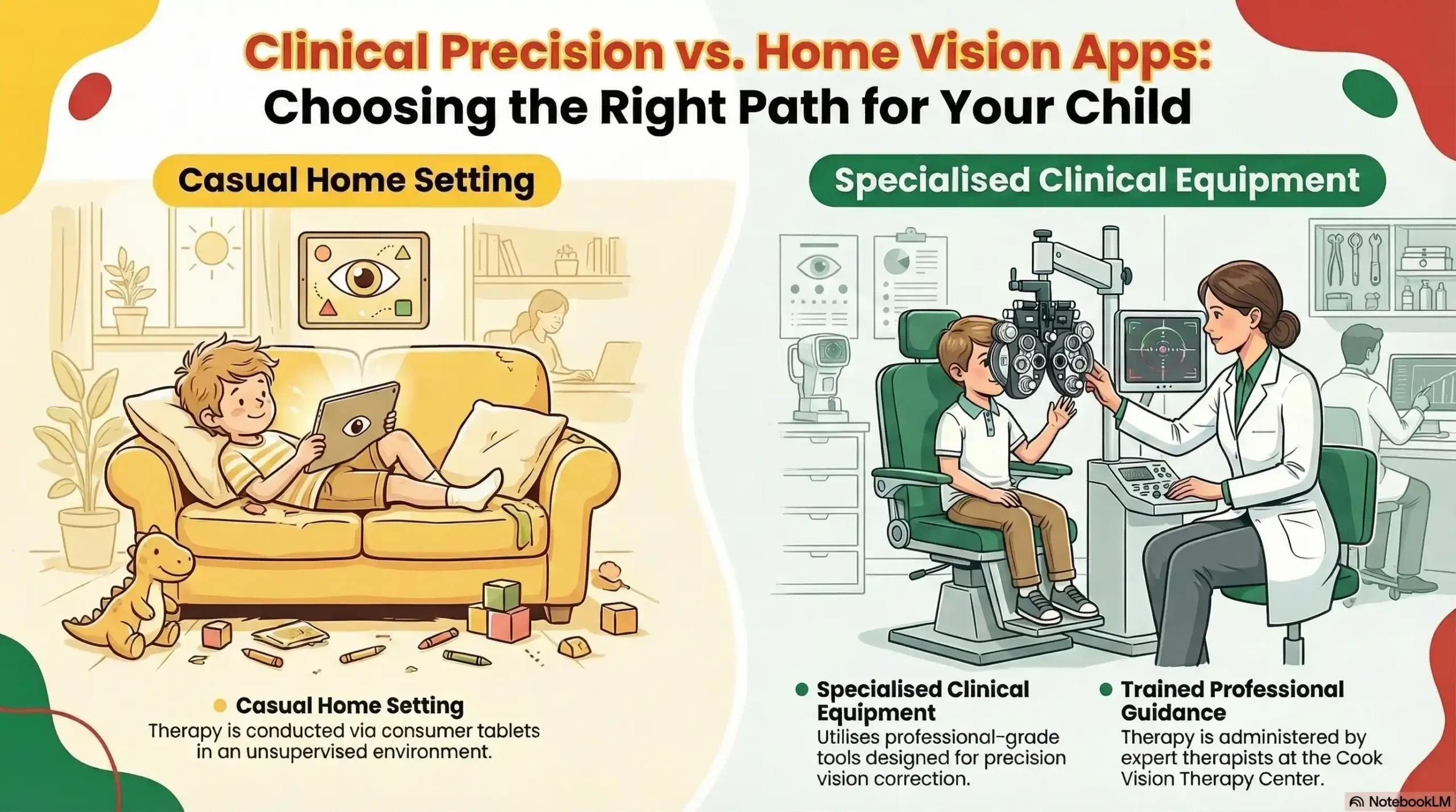 A split graphic showing a child using a vision app on a home tablet next to a child receiving specialized treatment from a professional at Cook Vision Therapy Center.