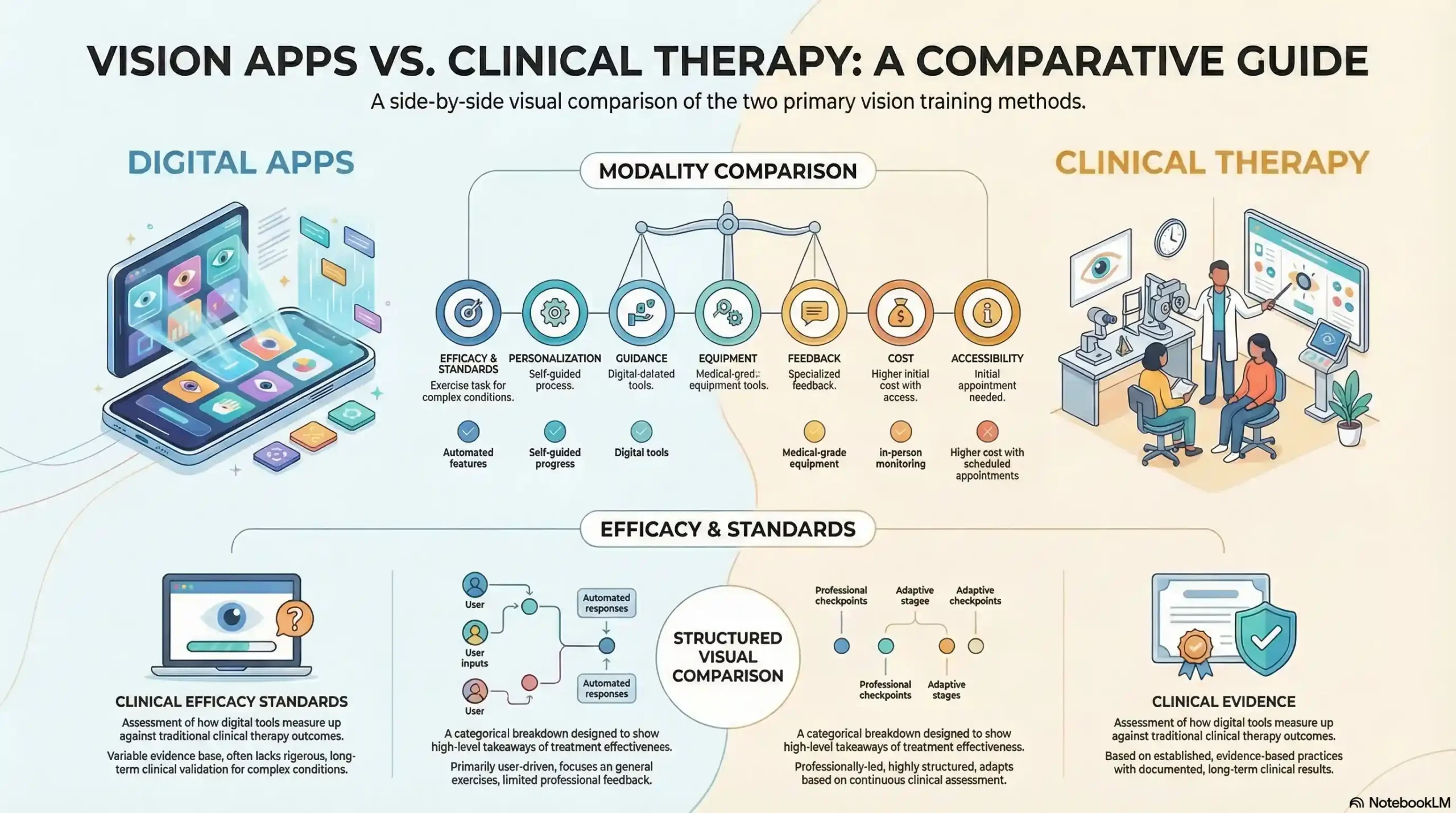Infographic comparing eye exercise apps and clinical vision therapy across seven key categories.
