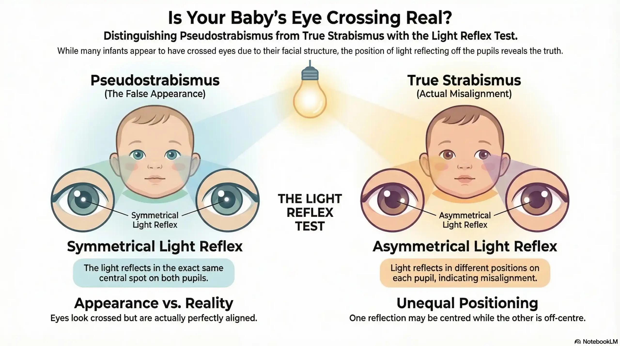 Illustration comparing babies with pseudostrabismus (equal light reflex) and true strabismus (unequal light reflex)