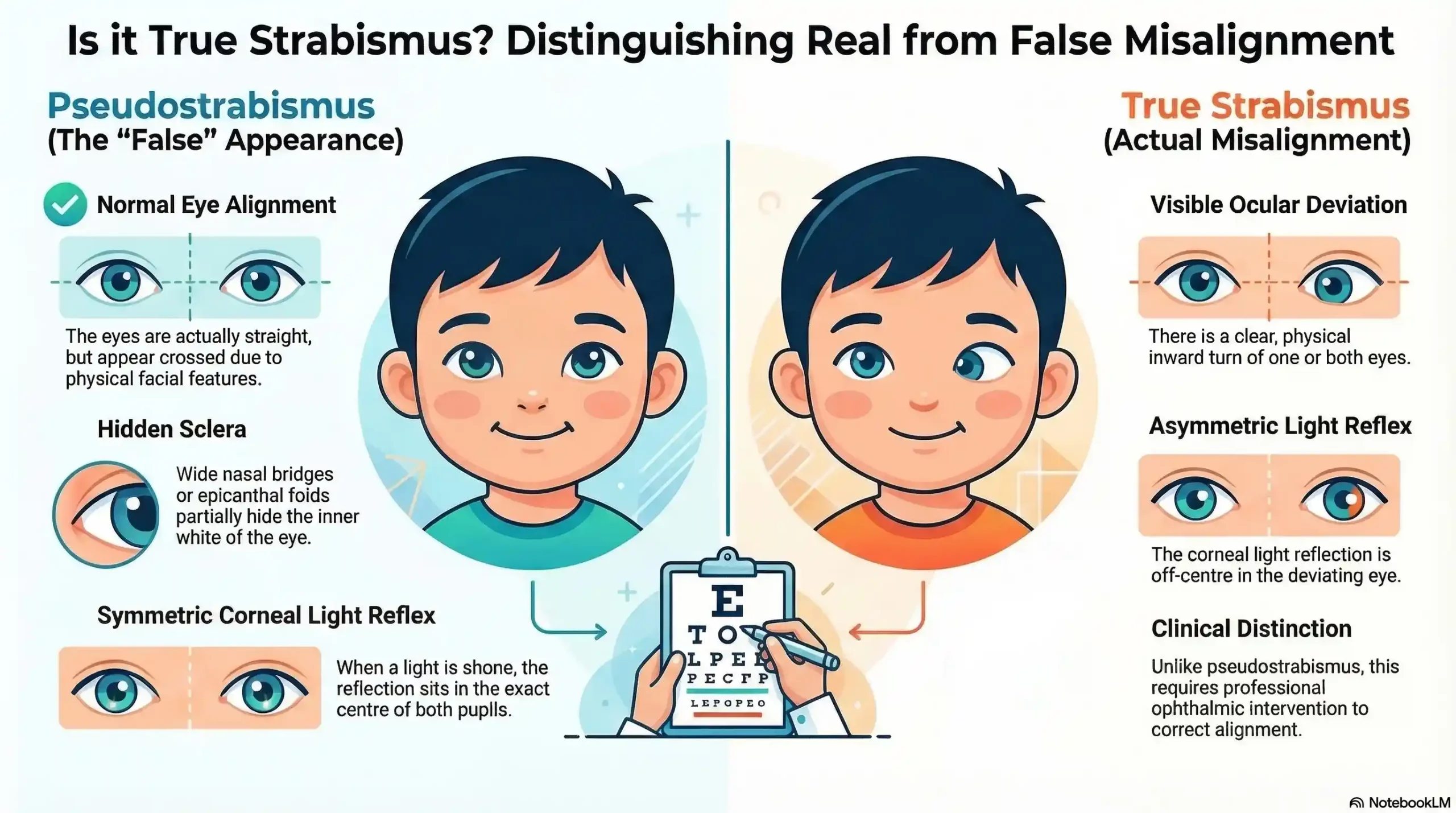 Side-by-side illustration of a child's eyes comparing pseudostrabismus with true strabismus, featuring labeled clinical callouts