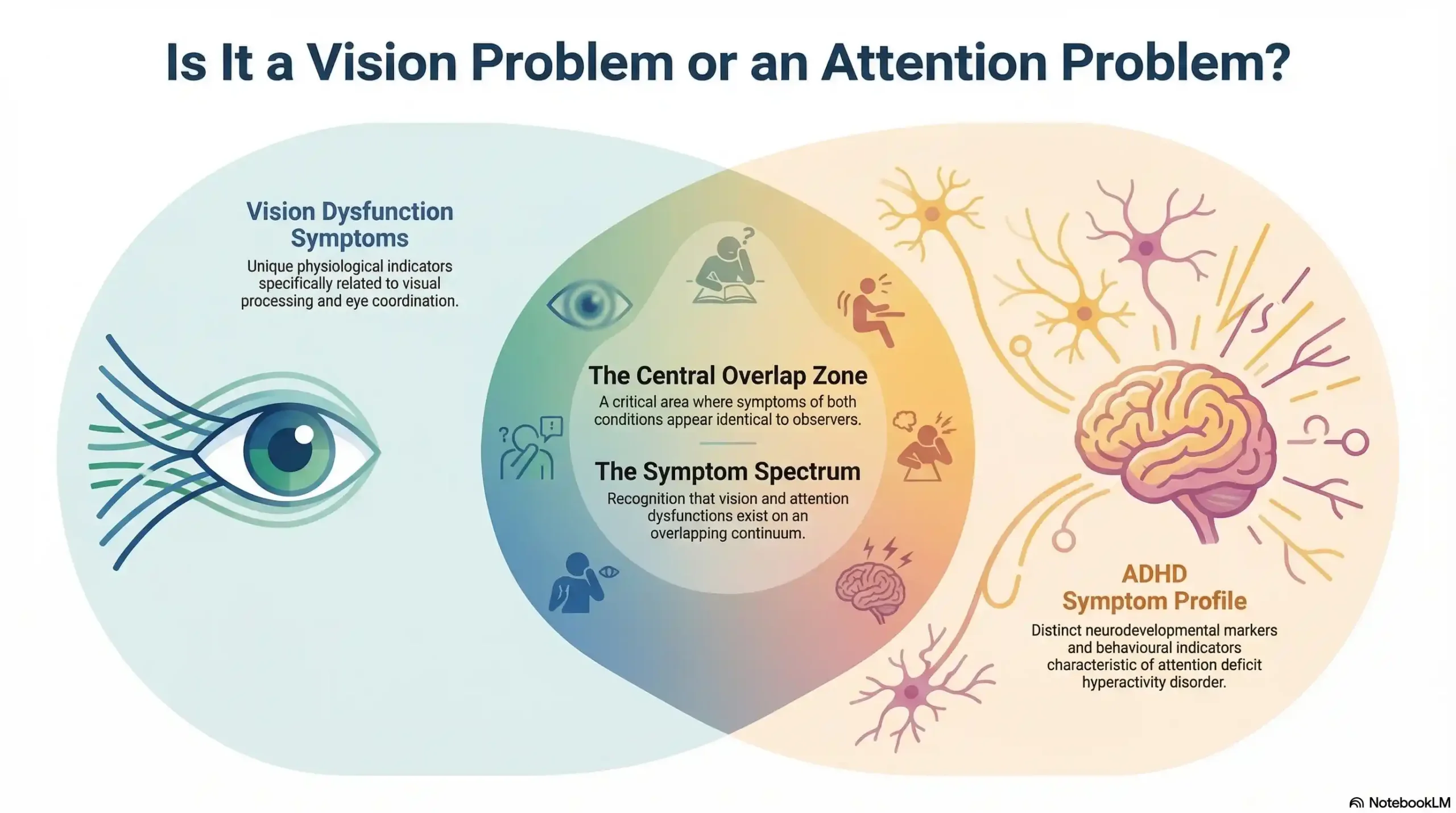 Side-by-side infographic comparing vision dysfunction and ADHD symptoms, highlighting their overlapping areas.